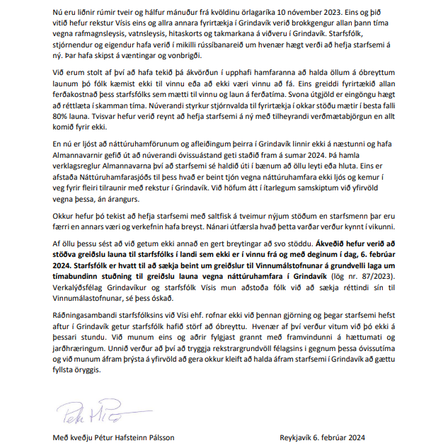 Bréf til starfsmanna Vísis 6.feb 2024
